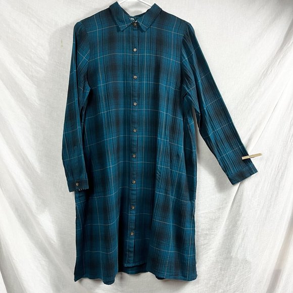 J Jill Long Sleeve Plaid A-Line Shirt Dress Women M Midi Pocket Grunge Indie - Picture 2 of 13